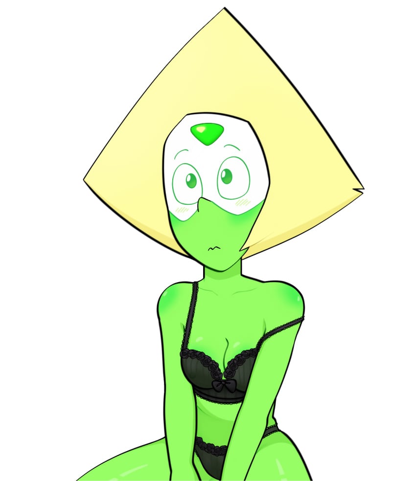 1female 1girls alien alien_girl alien_humanoid black_lingerie blush blush_lines bra cartoony cleavage color colored cute_expression digital_drawing_(artwork) digital_media_(artwork) fanart female female_only gem gem_(species) green_body green_eyes green_skin hotfiresu lingerie lingerie_bra lingerie_only lingerie_panties nipples_visible_through_clothing not_ai_generated peridot_(steven_universe) pose pussy_visible_through_panties see-through see-through_bra see_through shaded short_hair sitting small_breasts steven_universe thick_thighs triangular_hair underwear visor_(eyewear) yellow_hair