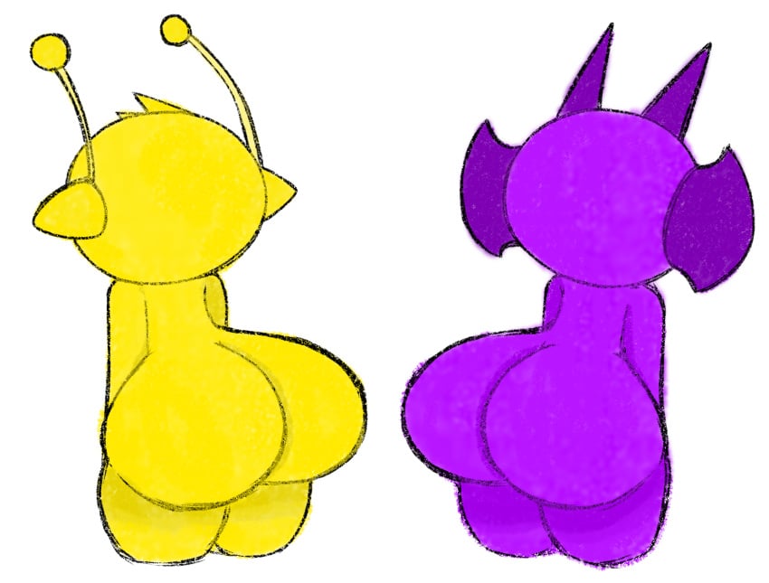 2boys ass ass_focus carden3214 durple_(sprunki) from_behind incredibox purple_(sprunki) purple_body simon_(sprunki) simple_background sprunki white_background yellow_(sprunki) yellow_body