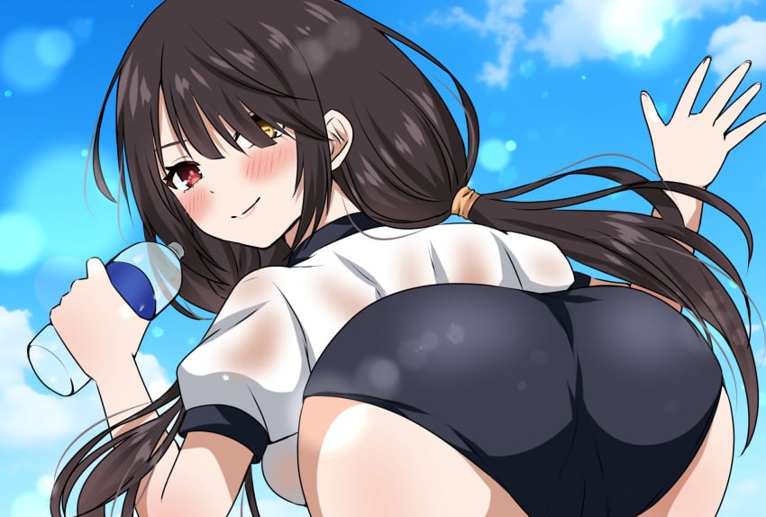 2d 2d_(artwork) ass black_hair blush bottle breasts date_a_live female female_only light-skinned_female long_hair red_eyes shirt shorts solo solo_female thighs tokisaki_kurumi twintails water_bottle wet_clothes