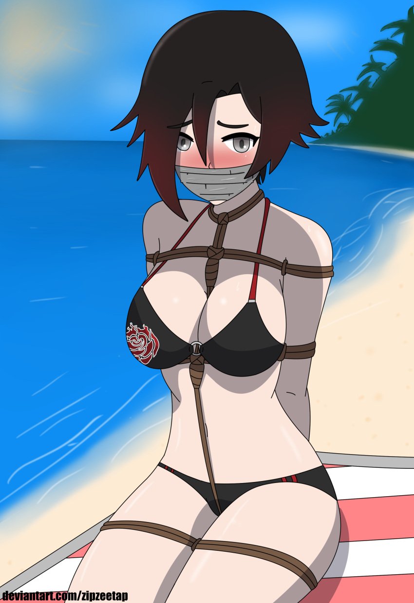 beach bikini bondage bound cleavage female female_only femsub gag outdoors revealing_clothes rope ruby_rose rwby tape tape_gag water zipzeetap