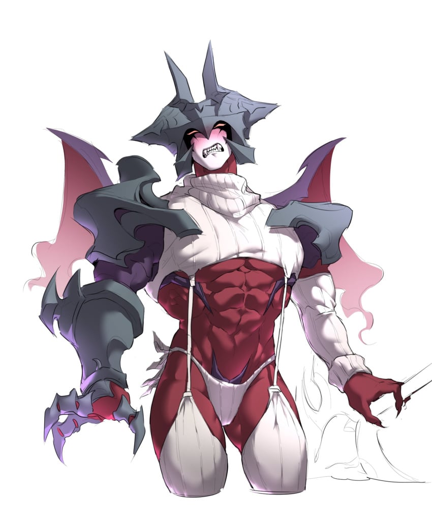 1boy aatrox big_sub blush blush_lines crossdressing darkin demon_humanoid embarrassed embarrassing embarrassment league_of_legends league_of_legends:_wild_rift male male_only manly_crossdresser muscular muscular_male no_humans non-human non-human_only sketch solo sword virgin_destroyer_sweater virgin_killer_sweater wings