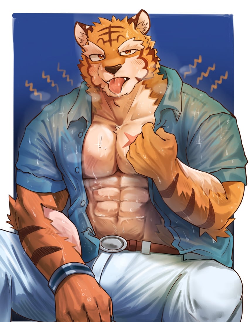 0110adj 1boy abs animal_ears armlet bara belt blue_background blue_shirt blush border cross_scar fang_out furry furry_male grantly_bell highres holding holding_shirt holding_unworn_clothes hot jewelry knights_college muscular muscular_male oerba_yun_fang open_clothes open_shirt orange_eyes pants pectorals scar scar_on_chest shirt sitting solo steam sweat sweatdrop thick_arms thick_eyebrows tiger_boy tiger_ears tiger_stripes tongue tongue_out unbuttoned untucked_shirt very_sweaty wet wet_clothes wet_shirt white_border white_pants