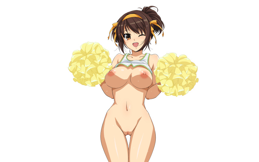 1girls belly breasts brown_eyes brown_hair cheerleader female_only haruhisky human innie_pussy mostly_nude navel nipples no_bra photoshop pom_poms ponytail pussy shirt shirt_lift suzumiya_haruhi suzumiya_haruhi_no_yuutsu tank_top thigh_gap uncensored white wide_hips wink