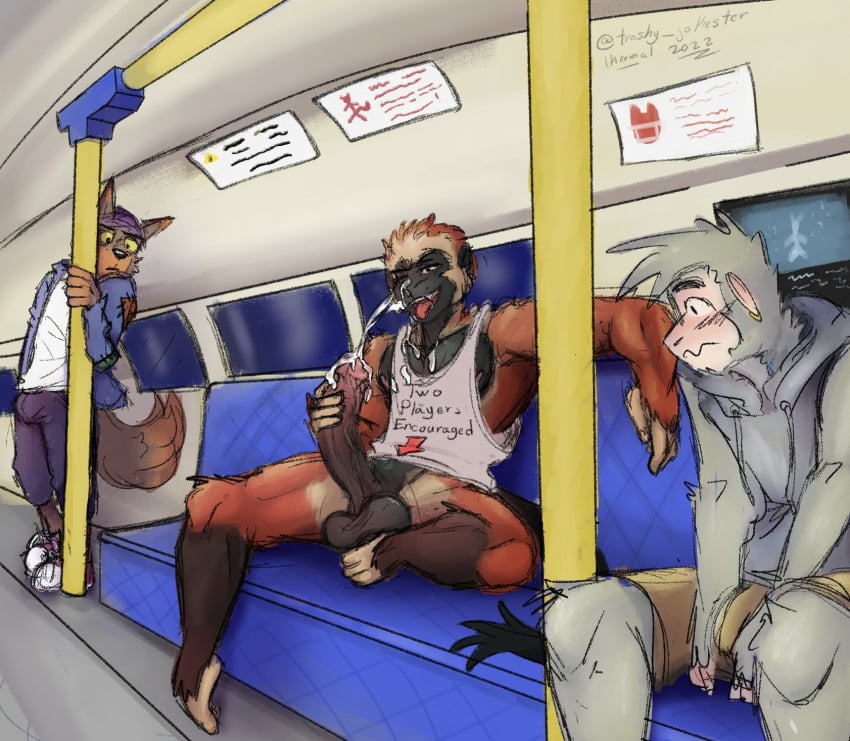 anthro balls bhodi blush bodily_fluids canid canine canis clothing cum cumshot ejaculation genital_fluids genitals group haplorhine hi_res looking_pleasured male male_only mammal masturbation monkey open_mouth primate public public_masturbation public_nudity public_transportation shirt shy sitin subway tank_top topwear trashy_jokester trio vehicle wagon wolf