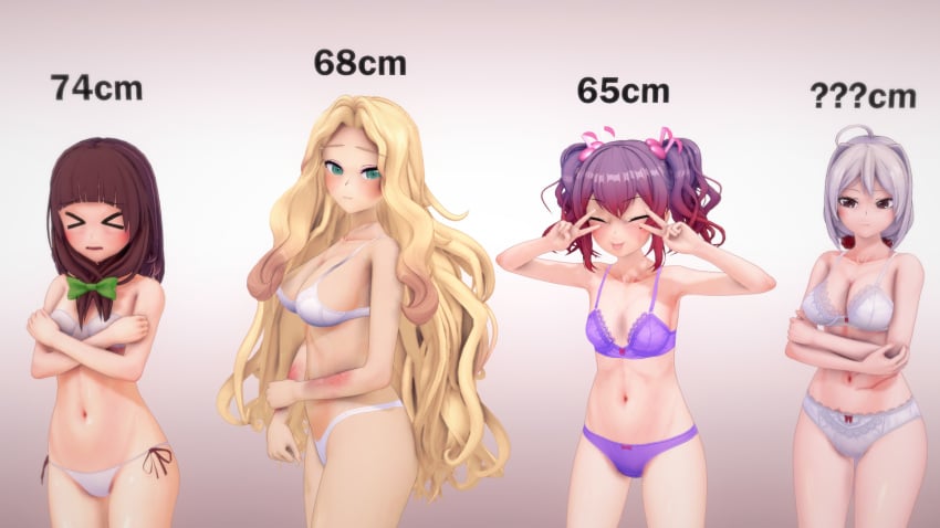 3d 4girls blush bra breast_comparison breasts burn_scar closed_eyes closed_mouth covering_breasts danganronpa danganronpa_another embarrassed eyebrows_raised fanganronpa female_only gradient_background koikatsu light-skinned_female magorobi_emma nijiue_iroha no_sex open_mouth otonokoji_hibiki panties peace_sign sdra2 small_breasts sora_(super_danganronpa_another_2) super_danganronpa_another_2 tagme text tongue_out