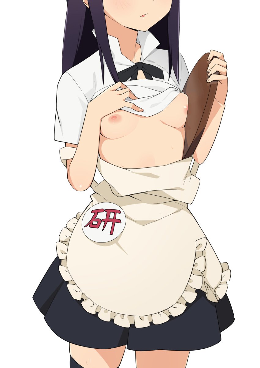 apron black_bow black_skirt black_thighhighs blue_hair bow breasts breasts_out clothes_lift female frilled_apron frills head_out_of_frame highres holding holding_tray long_hair morisobo nipples no_bra shirt_lift simple_background skirt small_breasts solo thighhighs tray waist_apron white_apron white_background working!! yamada_aoi zettai_ryouiki