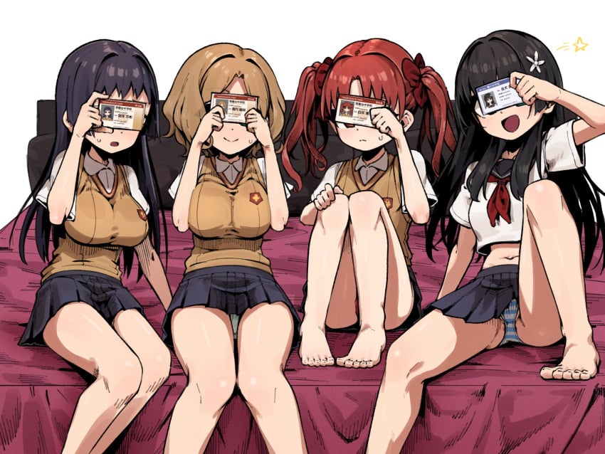 4girls awatsuki_maaya barefoot bed bedroom black_hair covering_eyes female irokohaku light-skinned light-skinned_female panties_peek red_hair saten_ruiko school_uniform schoolgirl shirai_kuroko tagme to_aru_kagaku_no_railgun to_aru_majutsu_no_index visible_underwear wannai_kinuho youjo young younger