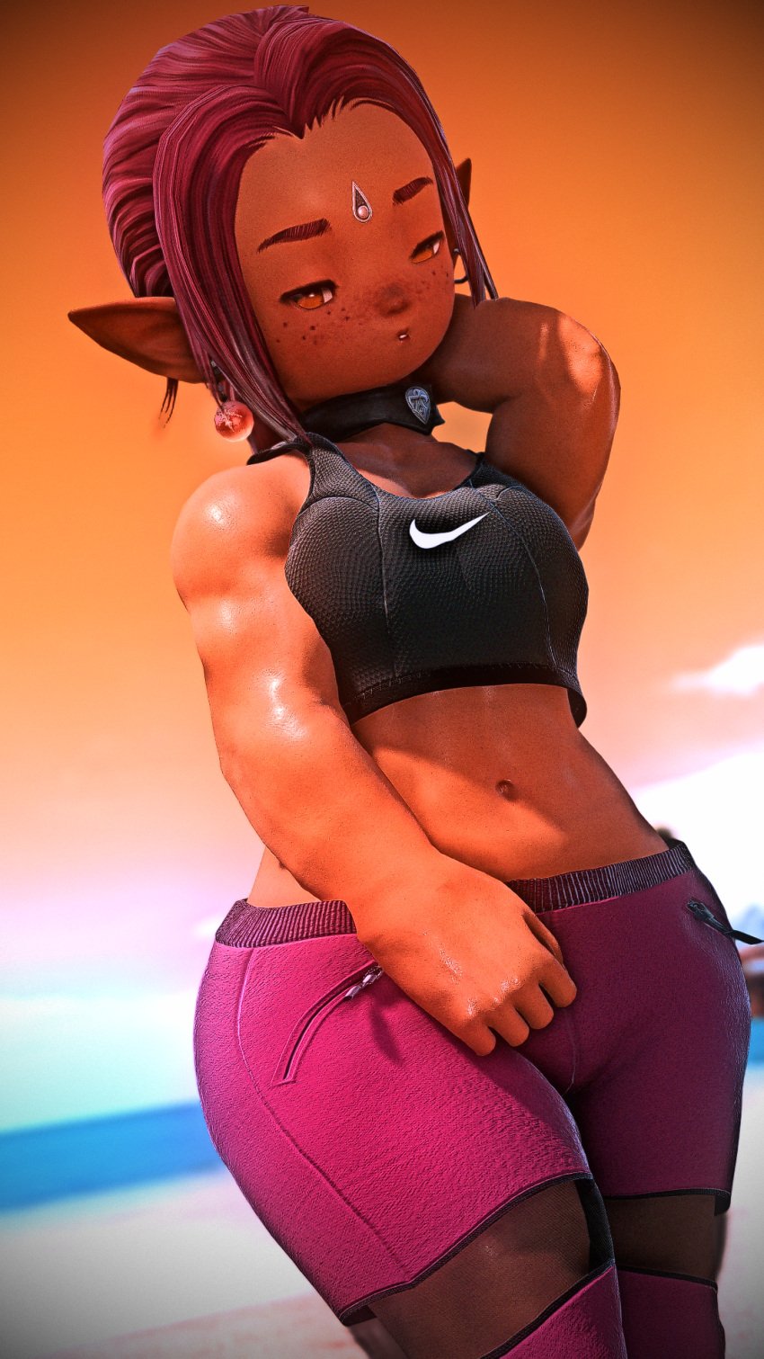 athletic choker dark_skin dunesfolk ear_ring earring falkner_falaise ffxiv final_fantasy_xiv freckles golden_eyes lalafell purple_hair shorts tank_top voxxy(artist) yellow_eyes