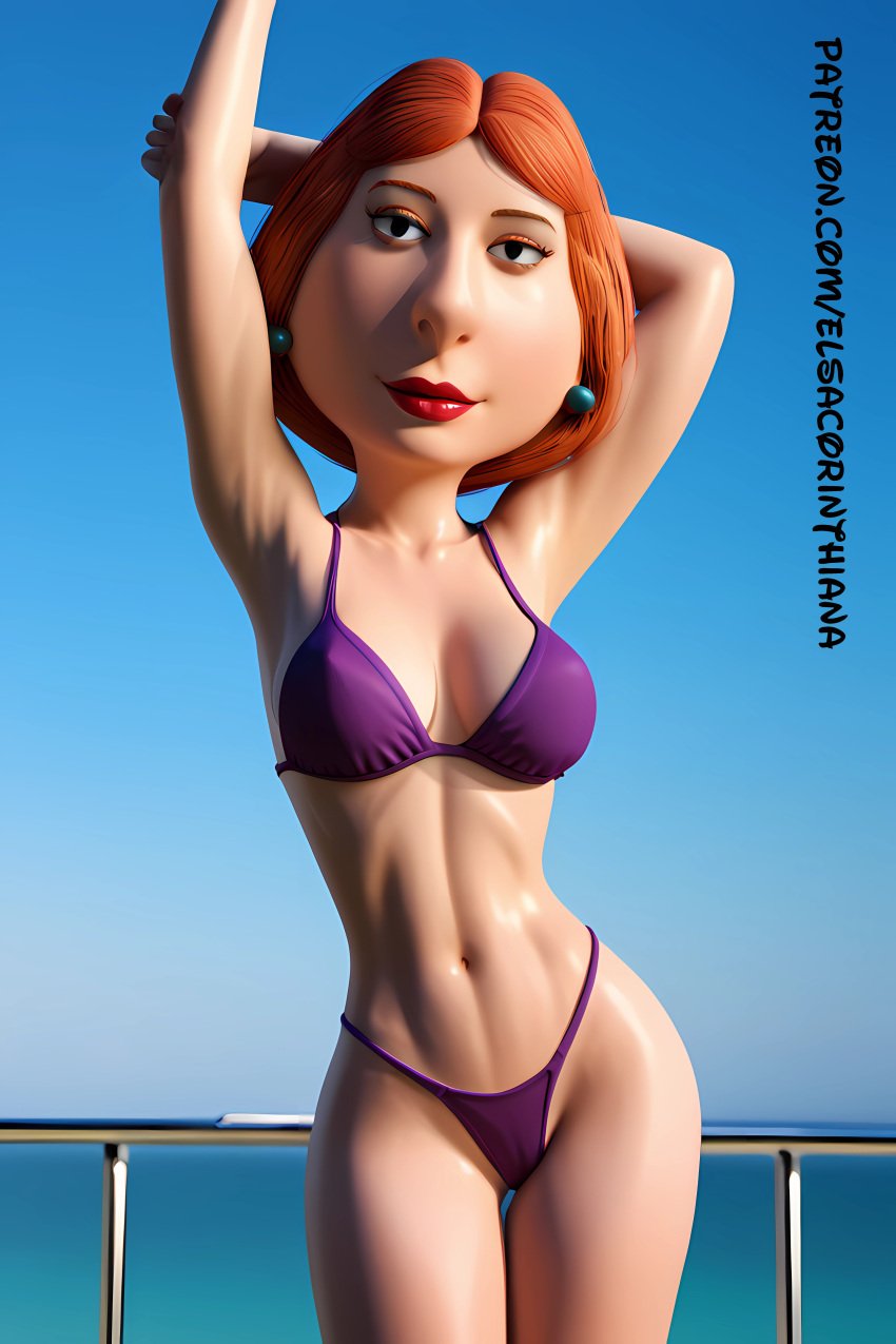 1woman ai ai_generated bikini blue_sky elsacorinthiana family_guy female female_only fhd lois_griffin medium_breasts orange_hair patreon patreon_link patreon_url posing posing_for_picture posing_for_the_viewer posing_nude purple_bikini pussy resort sea_background skinny slender_body slender_waist standing standing_position thin_body thin_waist thong_bikini uhd ultra_hd white_skin