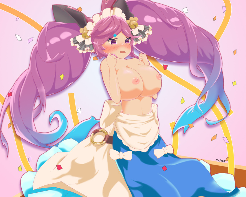 blue_hair blush breast_press bunny_girl cleo_(dragalia_lost) cygames dragalia_lost embarrassed gradient_hair kemonomimi large_breasts maid_headdress nintendo nogumele pink_eyes pink_hair sylvan topless twin_drills twintails