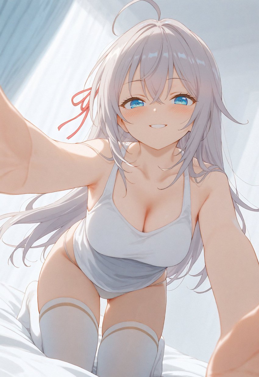 ahoge ai_generated alisa_mikhailovna_kujou amiki_yuzuru armpits ass_visible_through_thighs bare_arms bare_shoulders bed bed_sheet big_breasts blue_eyes blush breasts cleavage collarbone feet hair_ribbon indoors long_hair no_bra no_skirt on_knees panties parted_lips russian shirt smile thick_thighs thighhighs thighs tokidoki_bosotto_russian_de_dereru_tonari_no_alya-san underwear white_hair white_panties white_shirt white_thighhighs