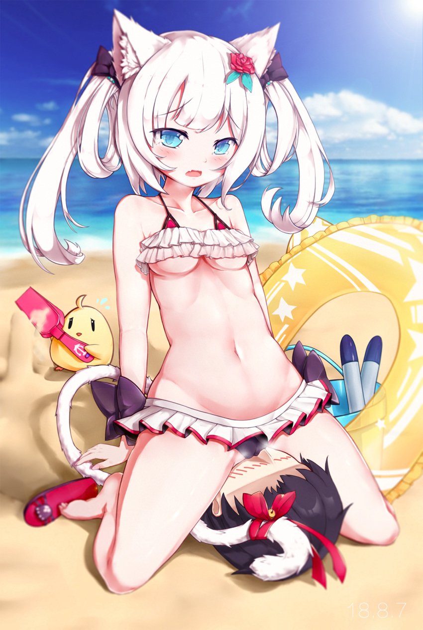 1boy 1girl animal animal_ear_fluff animal_ears azur_lane bare_arms bare_legs bare_shoulders barefoot bell bikini bikini_skirt bird black_bikini black_bow black_hair blue_eyes blue_sky blurry blurry_background blush bow breasts cameltoe cat_ears cat_girl cat_tail chick cloud collarbone commentary_request day depth_of_field erection fang fingernails flower flying_sweatdrops groin hair_bow hair_flower hair_ornament hammann_(azur_lane) heavy_breathing hehehzb hetero highres hjhhzb horizon innertube jingle_bell long_hair medium_breasts nail_polish navel nose_blush ocean open_mouth orange_innertube outdoors penis pink_nails red_bikini red_bow red_flower red_footwear red_rose rose sandals silver_hair sitting sitting_on_face sitting_on_person sky solo_focus swimsuit tail tail_bell tail_bow tail_ornament torpedo transparent twintails underboob water