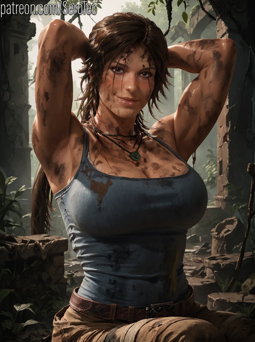 1female 1girls 2d ai_generated athletic athletic_female big_breasts brown_eyes brown_hair detailed_female dirty female fit fit_female girl hi_res high_resolution highres huge_breasts lara_croft large_breasts long_hair pony_diffusion_xltasy serotec tomb_raider