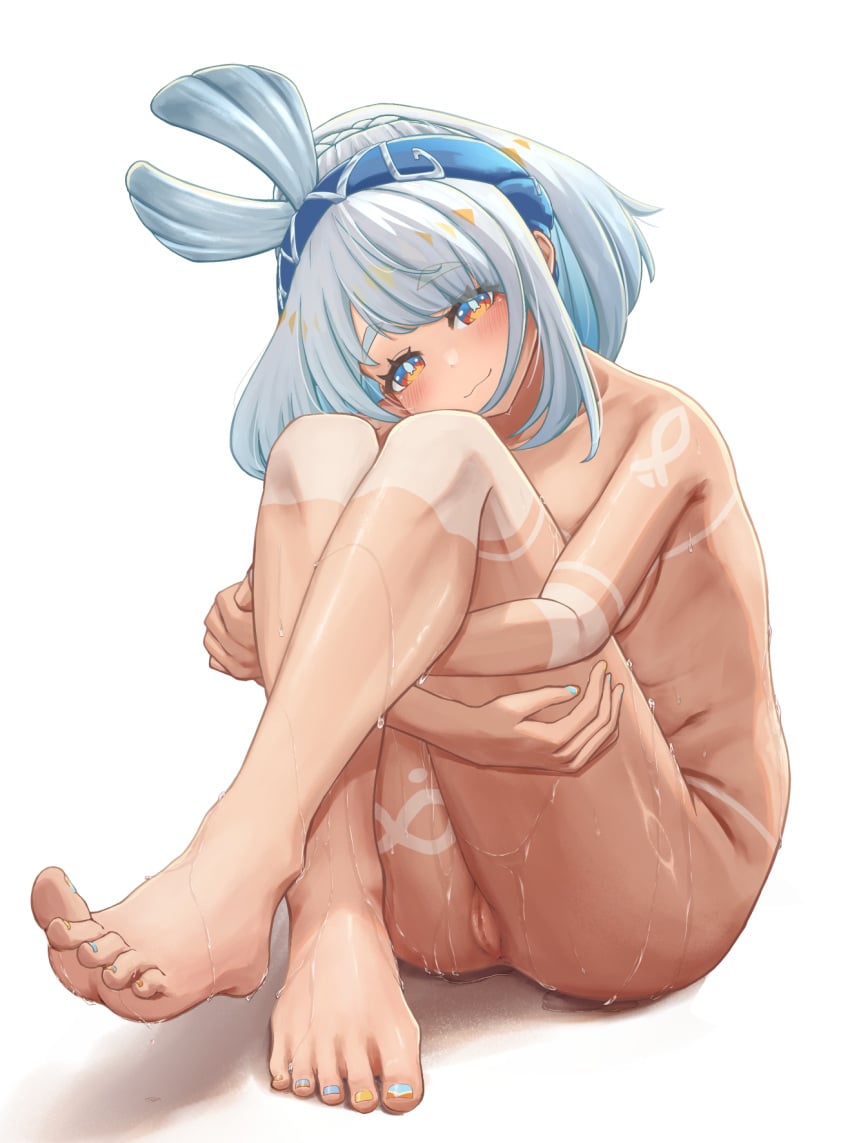 :3 barefoot blue_eyes blue_hair blue_hairband blue_nails blue_pupils blush breasts censored closed_mouth commentary completely_nude cute cute_face dark-skinned_female dark_skin feet female genshin_impact hairband head_tilt highres hugging_own_legs legs looking_at_viewer medium_breasts mosaic_censoring mualani_(genshin_impact) multicolored_nails nail_polish nude orange_eyes purufa pussy sidelocks solo toenail_polish toenails toes two-tone_eyes wet wholesome yellow_nails