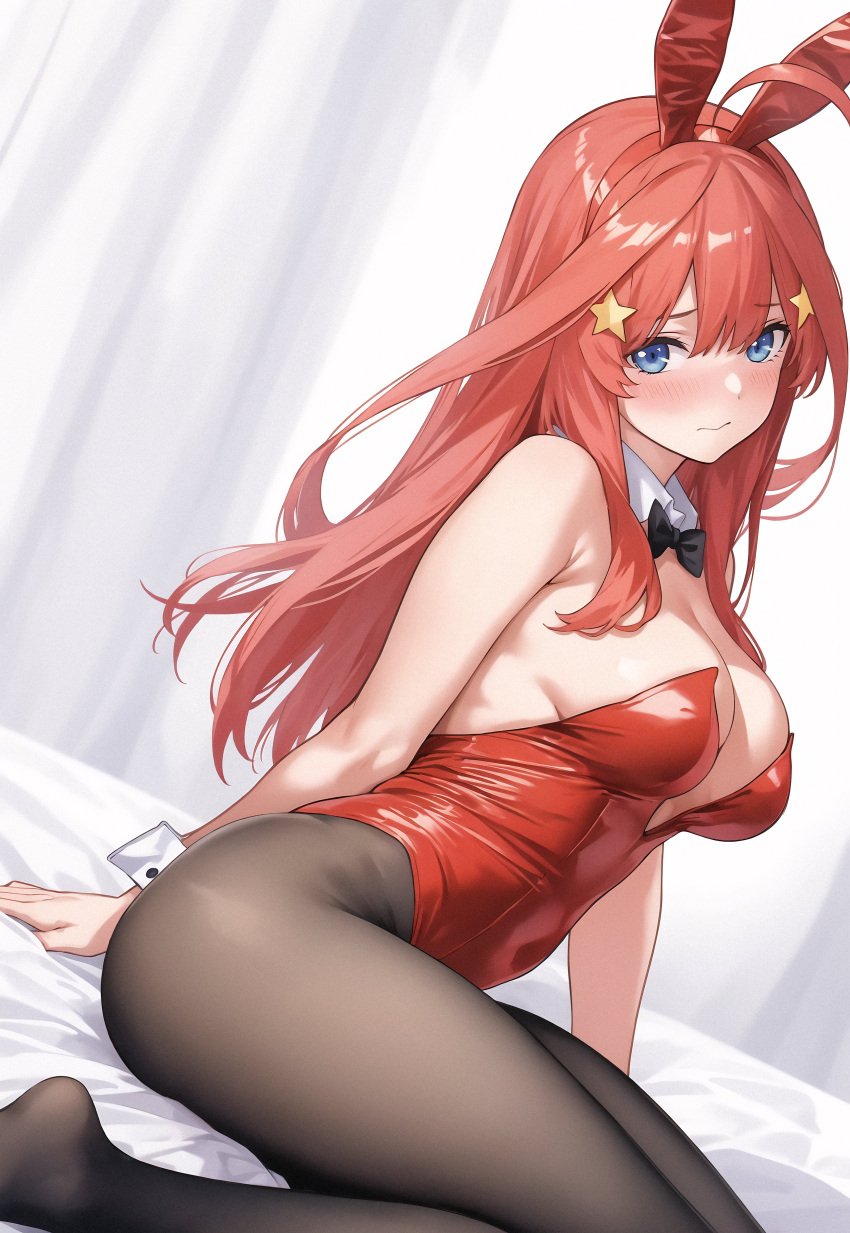 ai_generated amiki_yuzuru ass_visible_through_thighs bare_arms bare_shoulders bed bed_sheet belly_button_penetration big_breasts blue_eyes blush breasts bunny_ears bunnysuit cleavage closed_mouth detached_collar embarrassed feet go-toubun_no_hanayome hair_ornament leotard long_hair nakano_itsuki pantyhose red_hair red_leotard sitting thighs wrist_cuffs