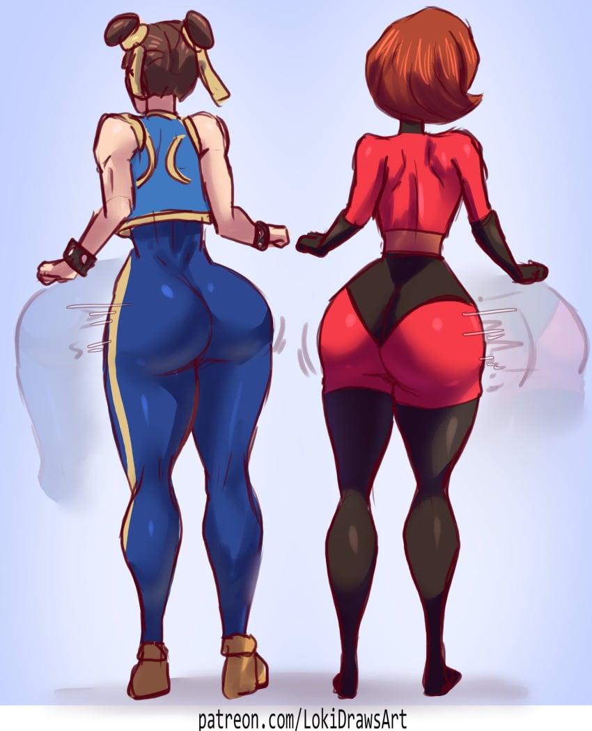 2girls ass ass_shake big_ass big_butthole butt butt_wiggle child_bearing_hips chun-li chun-li_(fortnite) clothed clothed_female crossover dat_ass eastern_and_western_character elastigirl elastigirl_(fortnite) emote fortnite fortnite:_battle_royale helen_parr helen_parr_(fortnite) light-skinned_female light_skin lokidrawsart party_hips shaking_butt street_fighter the_incredibles