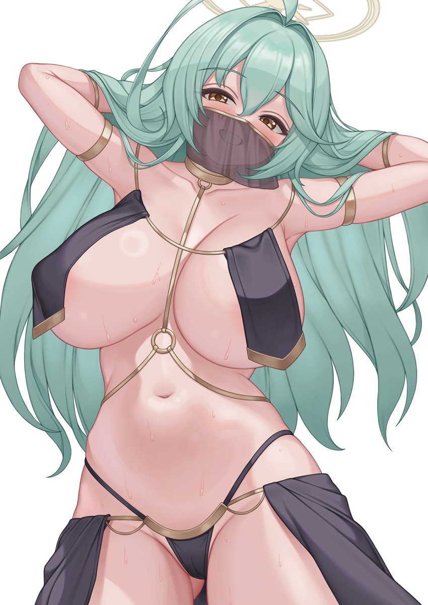 abydos_high_school_student ahoge alternate_costume armlet arms_behind_head blue_archive breast_curtains breasts brown_halo dancer female foreclosure_task_force_(blue_archive) green_hair halo highres jewelry large_breasts long_hair looking_at_viewer mask mouth_mask navel open_mouth pinkcap simple_background solo thighs white_background yellow_eyes yume_(blue_archive)