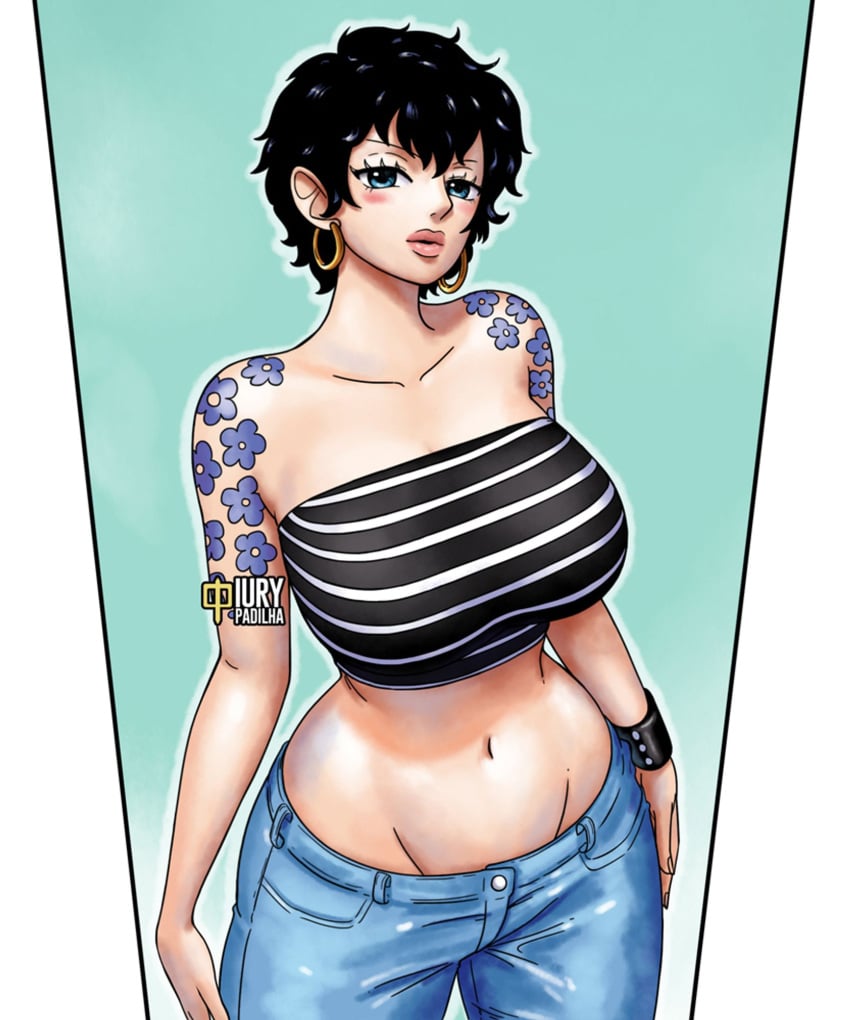 abs big_hips doll_(one_piece) female female_only iury_padilha jeans large_breasts looking_at_viewer one_piece short_hair simple_background tattoo tattoos vice_admiral