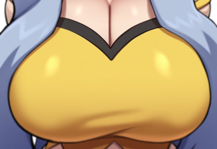 ai_generated alternate_breast_size blue_hair breast_focus breasts close-up female karen_(pokemon) large_breasts mullon novelai pokemon pokemon_(anime) pokemon_(game) pokemon_gsc pokemon_hgss solo solo_focus