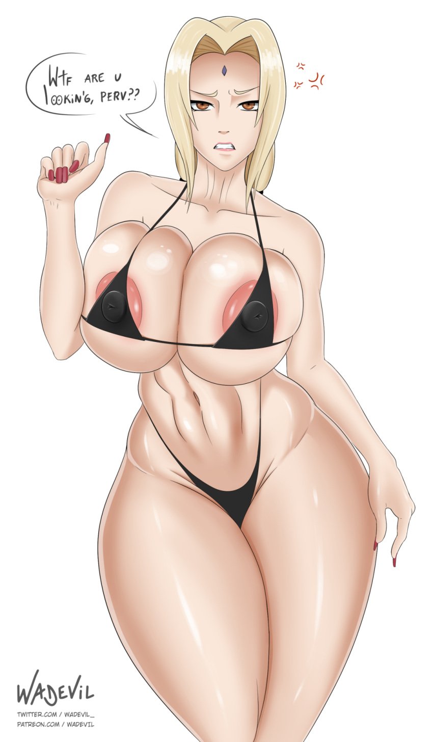 1girls anger_vein annoyed big_breasts bikini bikini_bottom bikini_top blonde_hair blush bodily_fluids boruto:_naruto_next_generations breasts breasts_bigger_than_head brown_eyes child_bearing_hips commentary cowboy_shot english_text female female_focus female_only hourglass_figure huge_breasts large_breasts looking_at_viewer low_twintails mature mature_female mature_woman micro_bikini midriff milf naruto naruto:_the_last naruto_(classic) naruto_(series) naruto_shippuden naughty naughty_face naughty_smile navel nipples nipples_visible_through_bikini oppai pink_background pinup plain_background plump ponytail puffy_nipples revealing_swimsuit sagging_breasts see-through see-through_swimsuit simple_background skimpy skimpy_bikini slightly_chubby slightly_chubby_female smile standing sweat sweatdrop sweaty sweaty_body swimsuit talking talking_to_viewer text thick_thighs thighs tsunade twintails visible_nipples voluptuous wadevil wide_hips