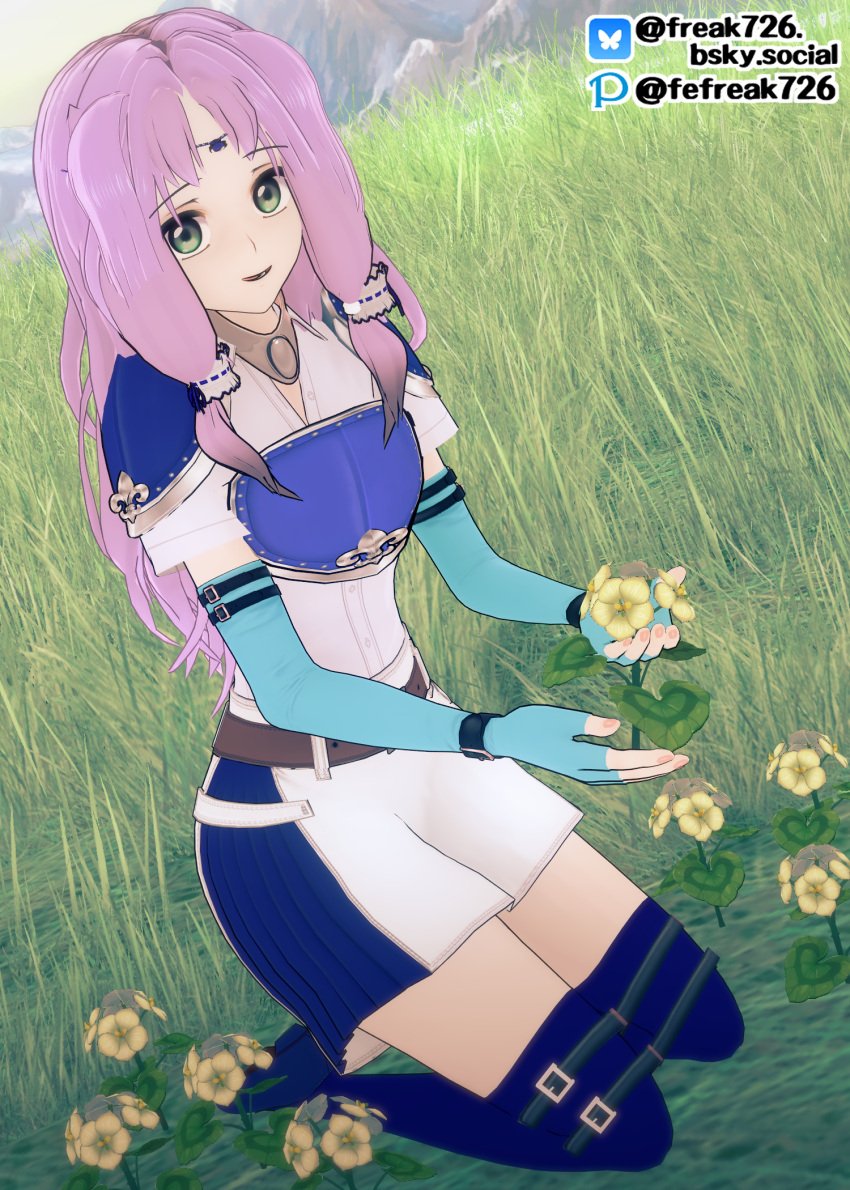 1girls 3d accessory bangs bare_thighs boots breastplate breasts elbow_gloves fefreak726 female female_only fingerless_gloves fire_emblem fire_emblem:_the_blazing_blade florina_(fire_emblem) flower gloves grass green_eyes holding kneeling long_hair looking_at_viewer nintendo outdoors purple_hair shoulder_armor shoulder_pads small_breasts smile solo thigh_boots thighs