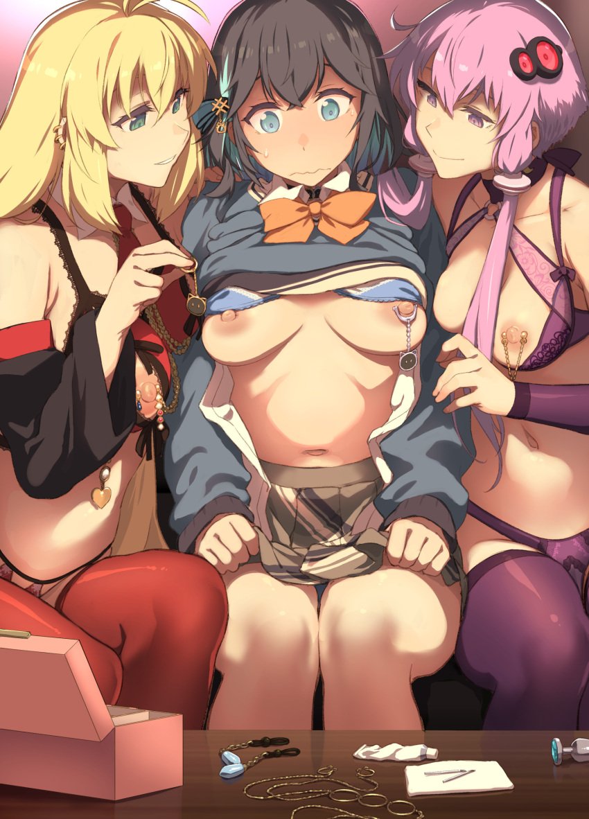 3girls absurdres black_hair black_sleeves blonde_hair blue_bra blue_eyes bra bra_lift breasts brown_skirt closed_mouth detached_sleeves hair_ornament highres long_hair looking_at_another medium_breasts miyamai_moca multiple_girls navel nipple_piercing piercing pink_eyes pink_hair purple_thighhighs red_thighhighs sitting skirt smile takemura_sessyu thighhighs tsurumaki_maki underwear voiceroid wavy_mouth yuzuki_yukari