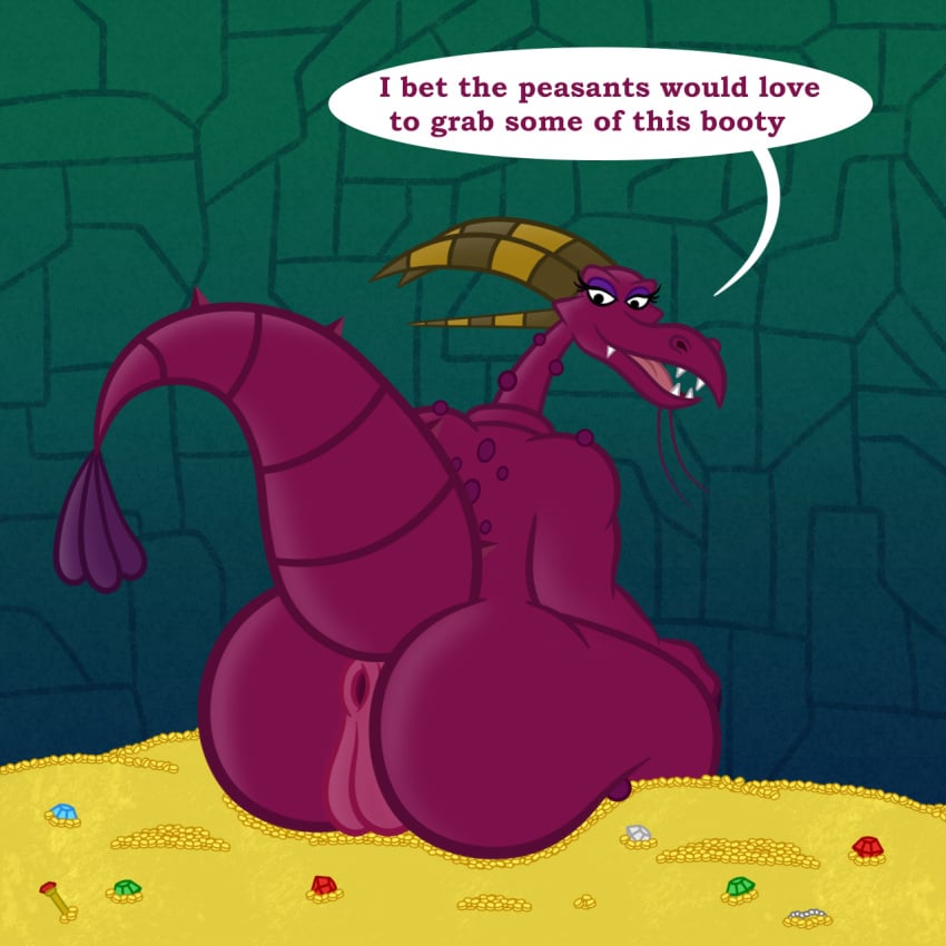 1:1 anthro anus ass bartok_the_magnificent big_butt coin dragon english_text female gem genitals hi_res huge_butt inside looking_back ludmilla_(bartok) mythological_creature mythological_scalie mythology purple_body pussy scalie sharkinwaves sitting solo tail tail_anus text thick_tail treasure treasure_hoard