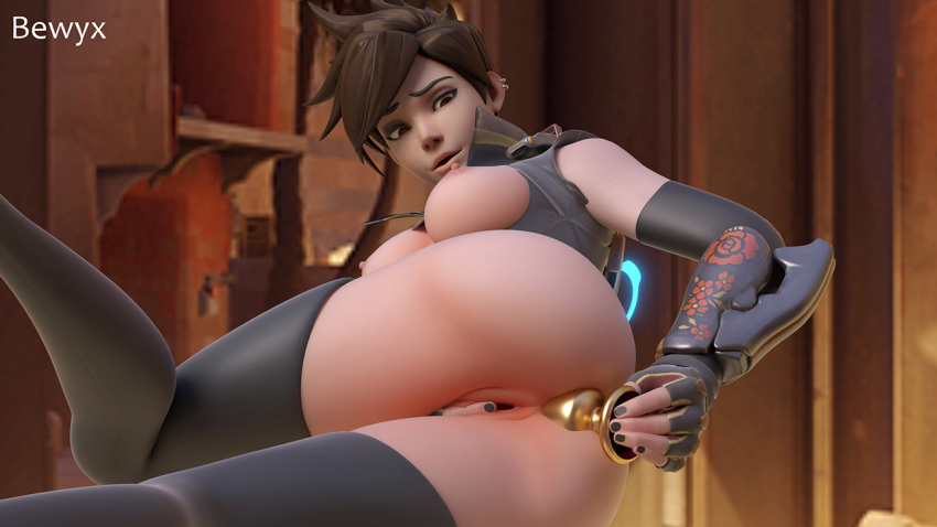 1girls 3d alternate_costume anal anus ass bewyx black_nails blender blizzard_entertainment breasts brown_hair buttplug clothed female female_only gold_buttplug jewel_buttplug looking_back lunar_new_year lunar_new_year_series masturbation medium_buttplug nipples overwatch pussy rose_tracer solo thick_thighs tracer year_of_the_rooster