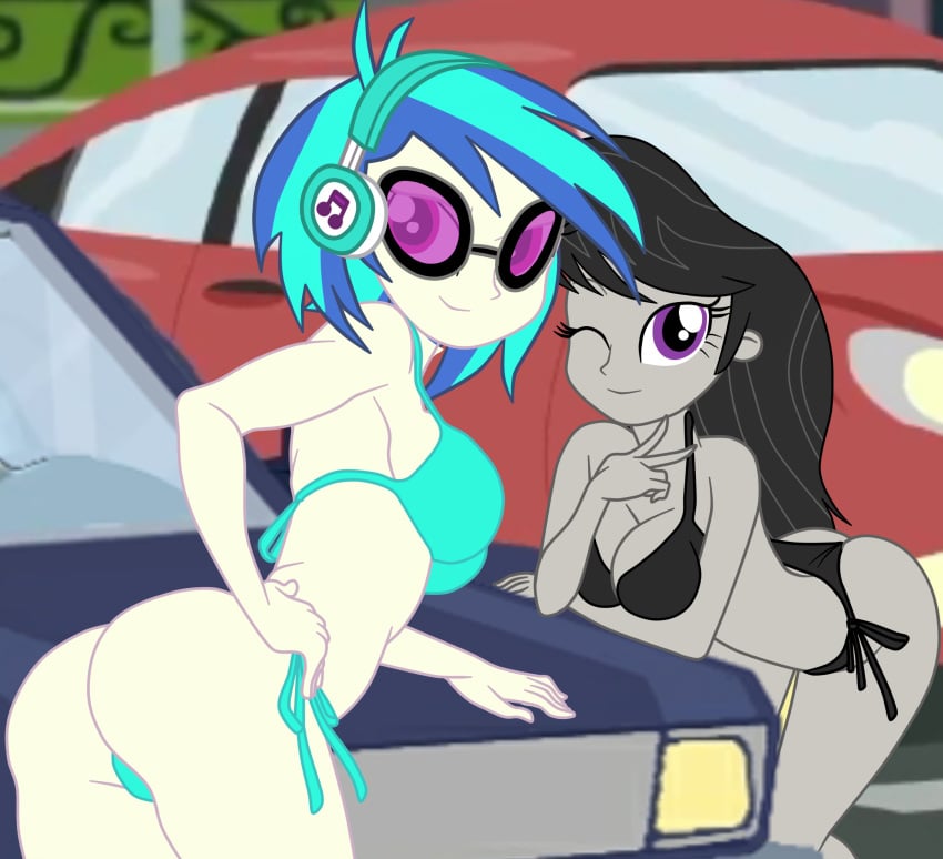 2girls ass bikini breasts car cleavage duo duo_female equestria_girls friendship_is_magic gmaplay hasbro headphones hi_res highres looking_at_viewer looking_back looking_back_at_viewer my_little_pony octavia_melody octavia_melody_(eg) one_eye_closed purple-tinted_eyewear seductive seductive_pose side-tie_bikini sideboob swimsuit vinyl_scratch_(eg) vinyl_scratch_(mlp) wink