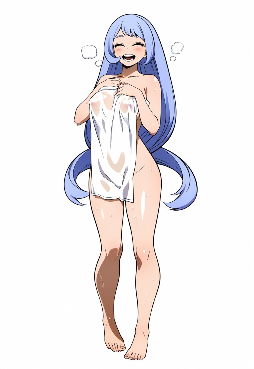 1girls ai_generated bare_arms bare_legs bare_shoulders bare_thighs barefoot big_breasts blue_hair blush boku_no_hero_academia cleavage closed_eyes drying eyelashes feet full_body hadou_nejire laughing long_hair long_legs medium_breasts my_hero_academia naked naked_female nejire_hado nipple_bulge nipples nipples_visible_through_clothing nude nude_female original see-through shiny_skin shower showering smile smiling standing steam thighs towel towel_only wet_body wet_towel white_background yeyehuh