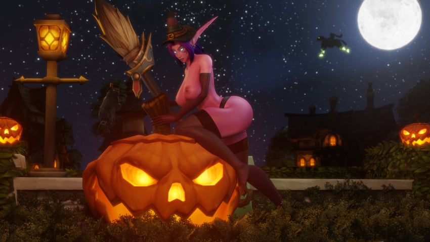 halloween morilymory night_elf night_elf_female pink_body purple_hair raelisenna_nightdream solo world_of_warcraft