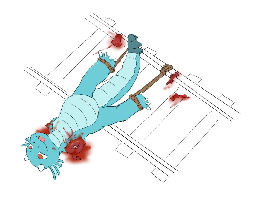 amputation anthro blood bodily_fluids bondage bondage bound dragon everestdragon gore hi_res horn imminent_death male masochism mythological_creature mythological_scalie mythology rope scalie sleepytoy solo tongue train_tracks