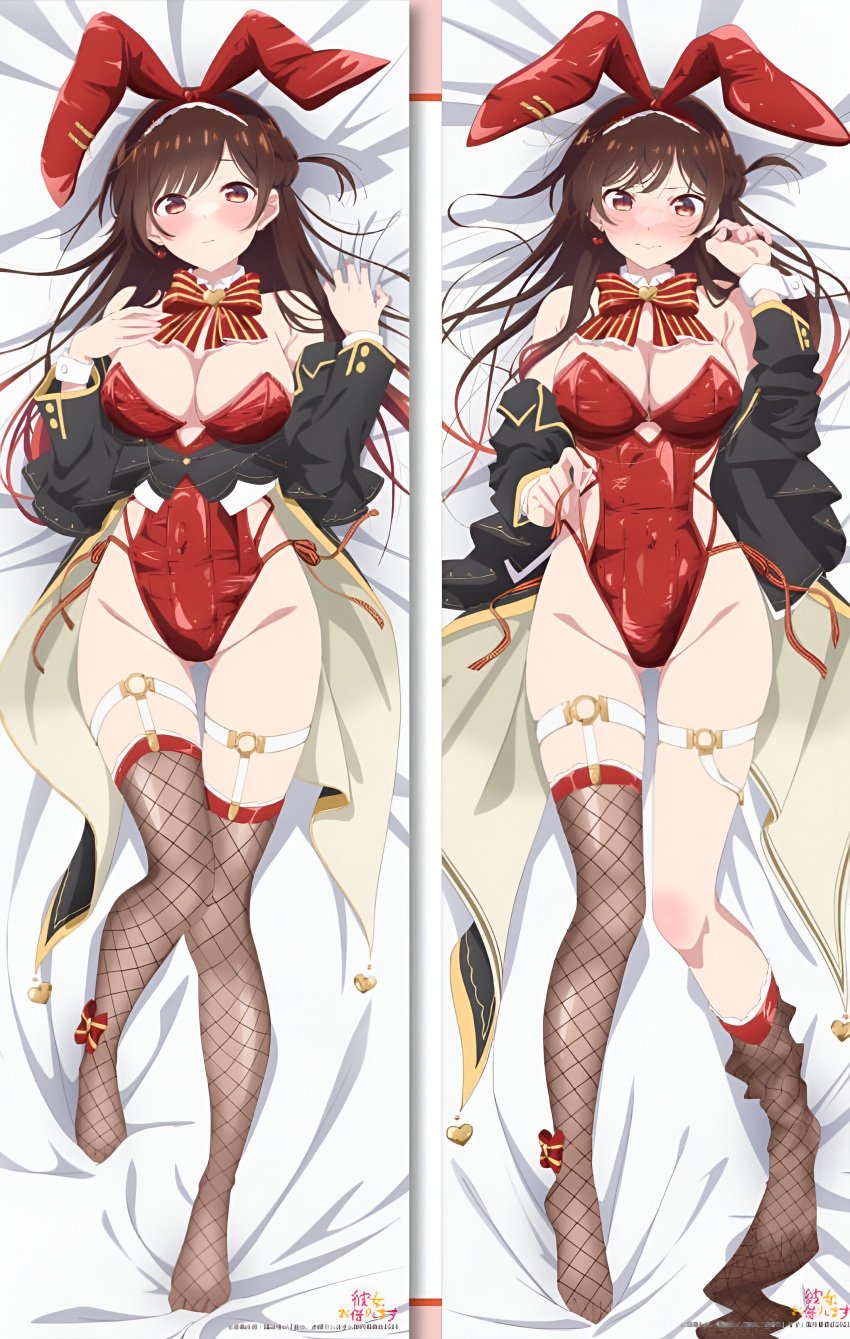 ass_visible_through_thighs bare_shoulders bed_sheet belly_button_visible_through_clothing big_breasts blush body_blush breasts brown_eyes brown_hair bunny_ears bunnysuit cleavage closed_mouth dakimakura dakimakura_design detached_collar earrings embarrassed feet fishnet_thighhighs groin jacket kanojo_okarishimasu leotard long_hair lying mizuhara_chizuru official_art open_jacket red_leotard thighhighs thighhighs_pull thighs toes wrist_cuffs