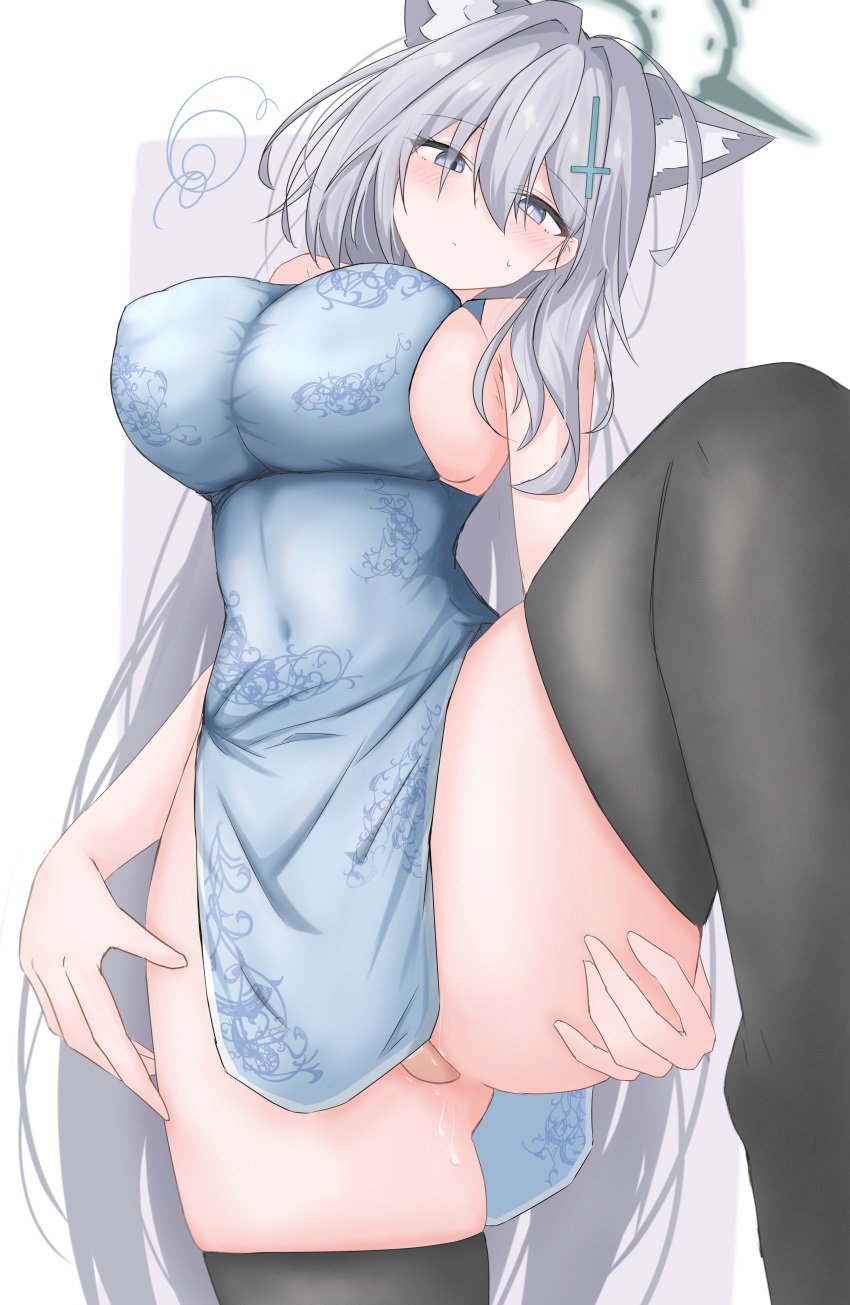 absurdres ahoge alternate_costume animal_ears ass bandaid bandaid_on_pussy black_thighhighs blue_archive blue_dress blush breasts china_dress chinese_clothes covered_navel covered_nipples cross_hair_ornament dress extra_ears female grey_hair hair_ornament halo highres impossible_clothes impossible_dress kote_(kote_arcive) large_breasts long_hair looking_at_viewer pelvic_curtain pussy_juice shiroko_(blue_archive) shiroko_terror_(blue_archive) sideboob skindentation sleeveless sleeveless_dress solo squiggle standing standing_on_one_leg sweatdrop thick_thighs thighhighs thighs very_long_hair wolf_ears