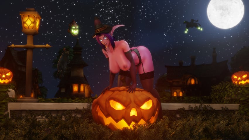 halloween morilymory night_elf night_elf_female pink_body purple_hair raelisenna_nightdream solo world_of_warcraft