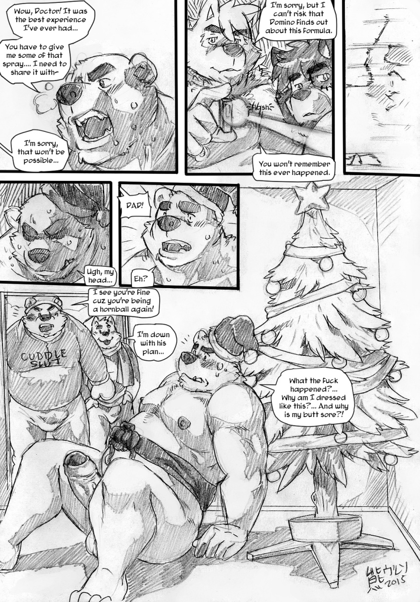 2015 4_toes 5_fingers amnesia anthro balls bear belly biceps bulge canine chocofox_colin christmas christmas_tree clothed clothing comic dialogue english_text erection father father_and_son fox greyscale group hat hat_only holidays humanoid_penis male male_only mammal markwulfgar memory_erase mittens monochrome mostly_nude muscular muscular_male nipples overweight overweight_male parent pecs penis rackun_(character) ribbons santa_hat sitting son speech_bubble sweat sweater text toes tree uncut wolf