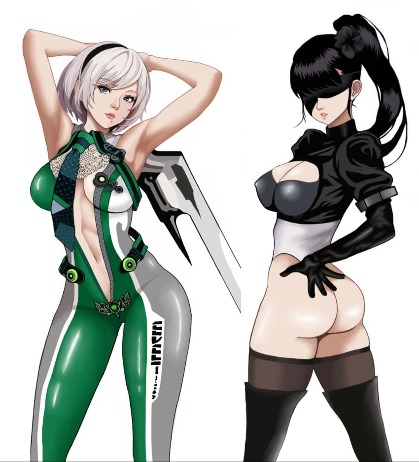 2girls arms_behind_head ass black_hair black_thighhighs blindefold blue_eyes breasts cosplay costume_switch crossover eve_(stellar_blade) eve_(stellar_blade)_(cosplay) hand_on_own_ass highres large_breasts long_hair multiple_girls nier:_automata nier_(series) outfit_swap ponytail sevenged_afterlife short_hair stellar_blade sword thighhighs weapon white_background white_hair yorha_2b yorha_2b_(cosplay)