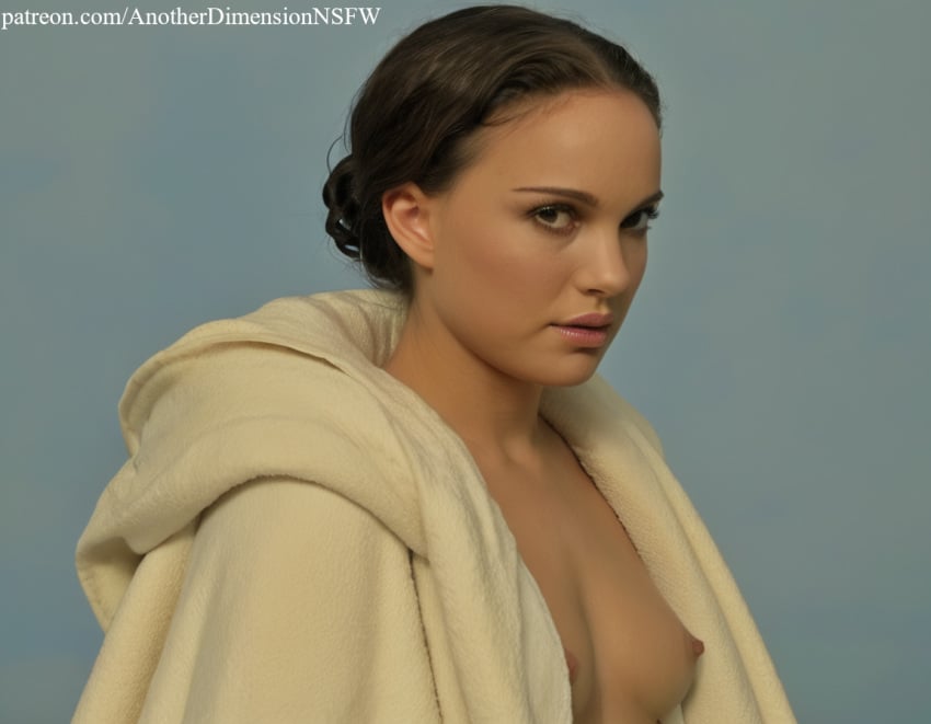 1girls ai_generated anotherdimensionai anotherdimensionnsfw breasts cute cute_face dress female naked_coat naked_jacket natalie_portman padme_amidala portrait sexy_pose shirtless shirtless_female star_wars