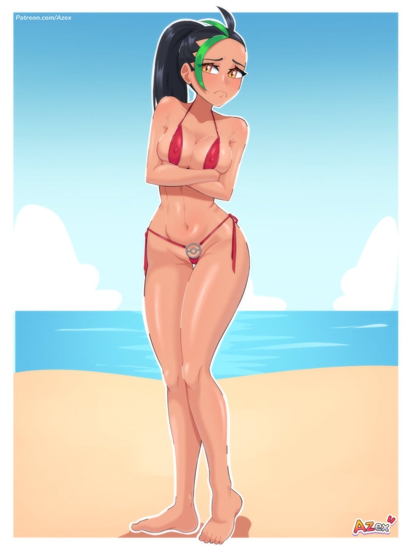 1girls azex bare_arms bare_legs bare_shoulders bare_thighs beach big_breasts bikini bikini_bottom bikini_top black_hair blush brown_eyes clothed clothing color embarrassed female female_focus female_only game_freak hi_res large_breasts light-skinned_female light_skin long_hair looking_at_viewer nemona_(pokemon) nintendo pokemon pokemon_champion pokemon_sv pokemon_trainer sand sea solo solo_female tagme thick_thighs water