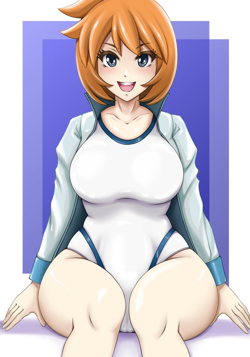 aged_up blue_eyes breasts cameltoe competition_swimsuit covered_erect_nipples covered_navel creatures_(company) female game_freak highleg highleg_one-piece_swimsuit highres kasumi_(pokemon) kuma_(saku) large_breasts looking_at_viewer misty_(pokemon_hgss) nintendo one-piece_swimsuit open_mouth orange_hair pokemon short_hair sitting smile solo swimsuit white_one-piece_swimsuit