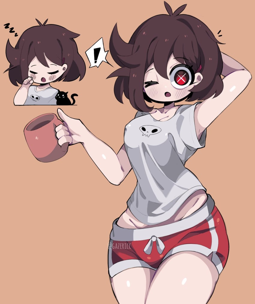 1girls baggy_clothing black_cat clothed coffee_cup cute emi_(gazericc) female female_only gazericc original_character red_eyes short_shorts solo solo_female tired