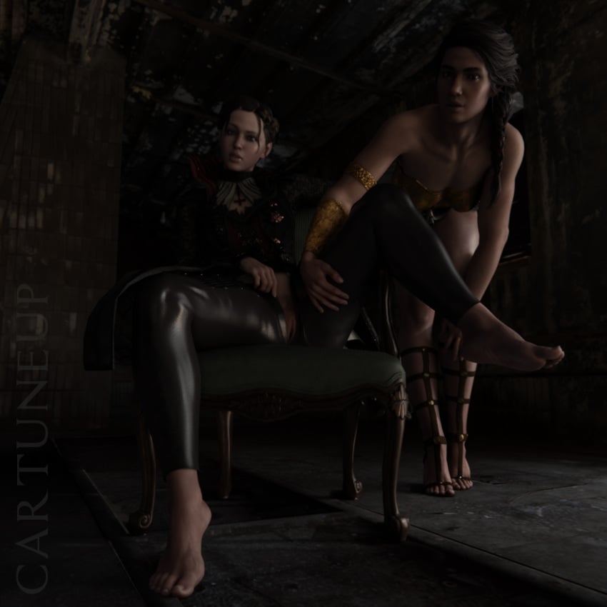 3d ancient_greece assassin's_creed_(series) assassin's_creed_odyssey assassin's_creed_syndicate blender blender_(software) cartuneup evie_frye feet goth kassandra lingerie looking_at_viewer pussy sitting unzipped_pants unzipping victorian