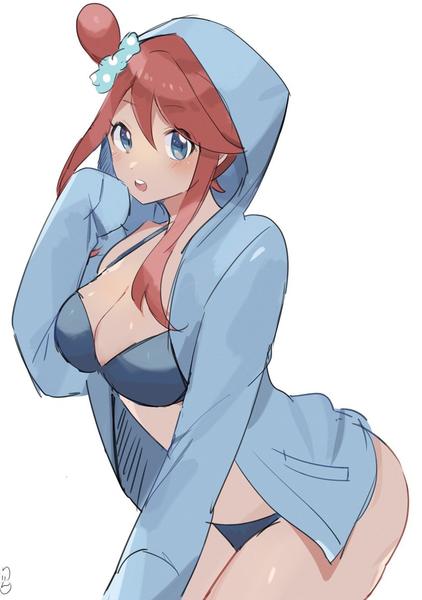 2025 artist_signature auburn_hair big_breasts big_butt bikini blue_eyes blush blush bra female female_focus female_only hair_ornament hairpiece half_naked hoodie huuro_(pokemon) large_breasts long_sleeves looking_at_viewer open_mouth panties partially_clothed pokemon pokemon_(game) pokemon_bw pokemon_trainer red_hair ririmon skyla_(pokemon) tan_skin