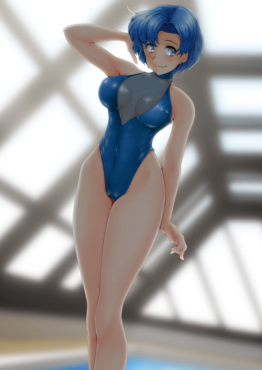 1girls alluring ami_mizuno bare_legs bikini bishoujo_senshi_sailor_moon blue_eyes blue_hair cleavage medium_breasts nanashi_noiji one-piece_bikini one-piece_swimsuit rei_no_pool sailor_mercury short_hair small_breasts swimming_pool swimsuit