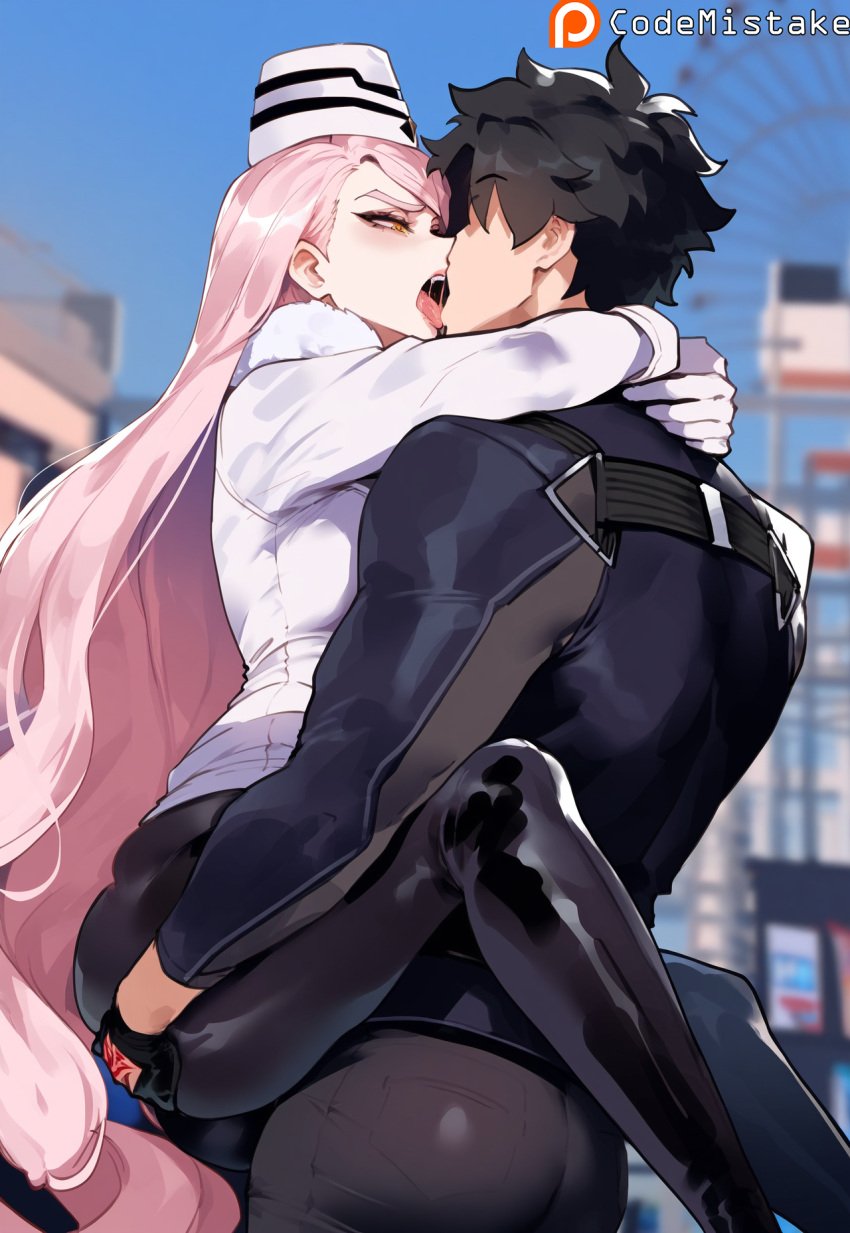 1boy ai_generated artist_name ass bangs belt black_gloves black_hair black_jacket black_legwear black_pants blurry blurry_background blush carrying coat codemistake couple day depth_of_field eyebrows_visible_through_hair face-to-face fate/grand_order fate_(series) female french_kiss from_side fujimaru_ritsuka_(male) gloves hat holding hug jacket kissing koyanskaya_(fate) lips lipstick long_hair long_sleeves looking_at_another makeup medium_breasts open_mouth outdoors pants pink_hair profile short_hair signature sky straight teeth thighhighs thighs tongue tongue_out uniform very_long_hair watermark web_address white_gloves yellow_eyes