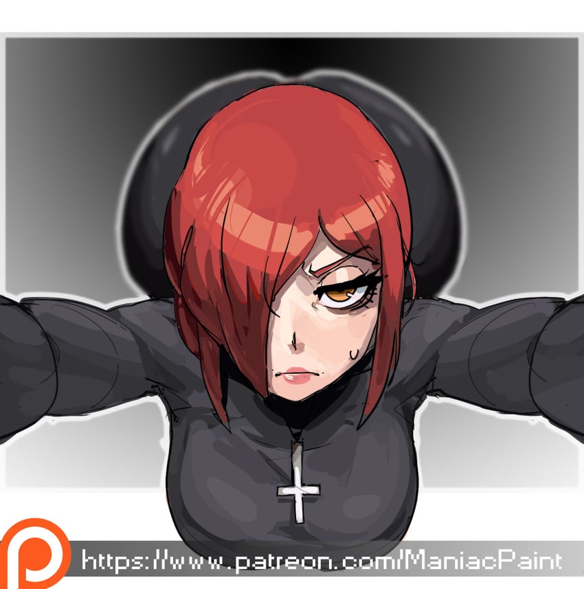 ass breasts cross cross_necklace female frown hair_over_one_eye half-closed_eyes hanging_breasts highres jewelry large_breasts looking_at_viewer maniacpaint necklace outstretched_arms parasoul pink_hair red_hair skullgirls solo sweatdrop sweater top-down_bottom-up turtleneck turtleneck_sweater yellow_eyes