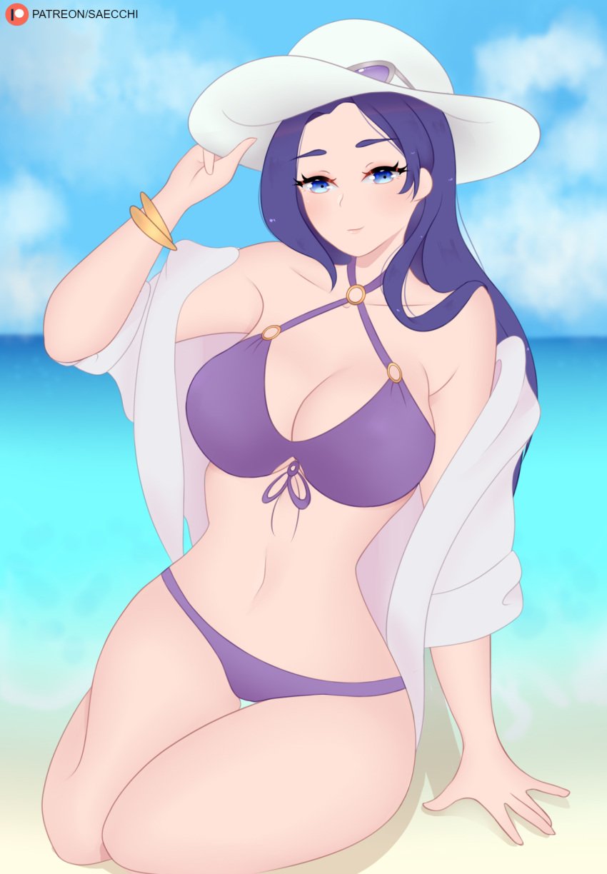 1girls beach big_breasts bikini black_hair blue_eyes blue_hair caitlyn_kiramman hat league_of_legends long_hair pool_party_caitlyn pool_party_series saecchi thick_thighs thighs