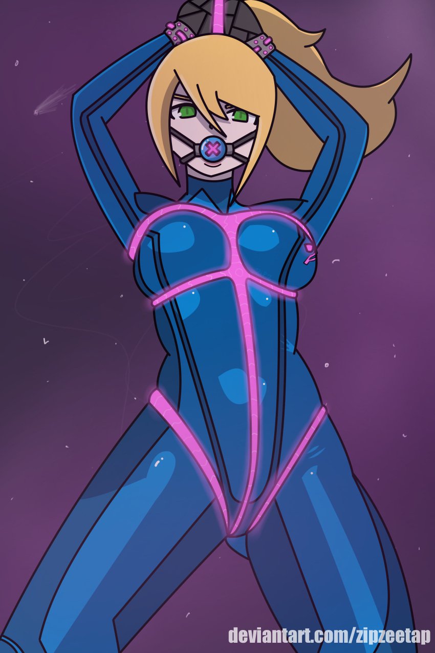 ball_gag blonde_hair bondage bound bound_hands bound_wrists female female_only femsub fully_clothed gag green_eyes metroid samus_aran shiny_clothes tight_clothing zero_suit zero_suit_samus zipzeetap