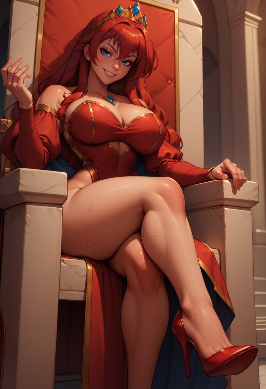 ai_generated armwear breasts cleavage crossed_legs diadem dress female heels highres large_ass large_breasts large_thighs looking_at_viewer on_throne qwertart red_heels rias_gremory royal shiny skin smile solo tagme throne wet