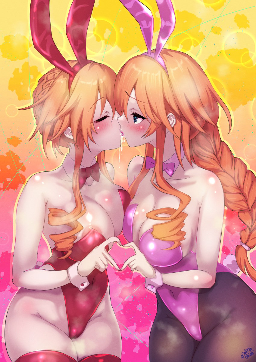 2d 2d_(artwork) 2girls ass belly belly_button_visible_through_clothing blue_eyes blush breasts bunny_ears bunny_girl bunnysuit date_a_live female female_only incest kissing light-skinned_female long_hair orange_hair pantyhose saliva saliva_trail thighs twins yamai_kaguya yamai_yuzuru yuri